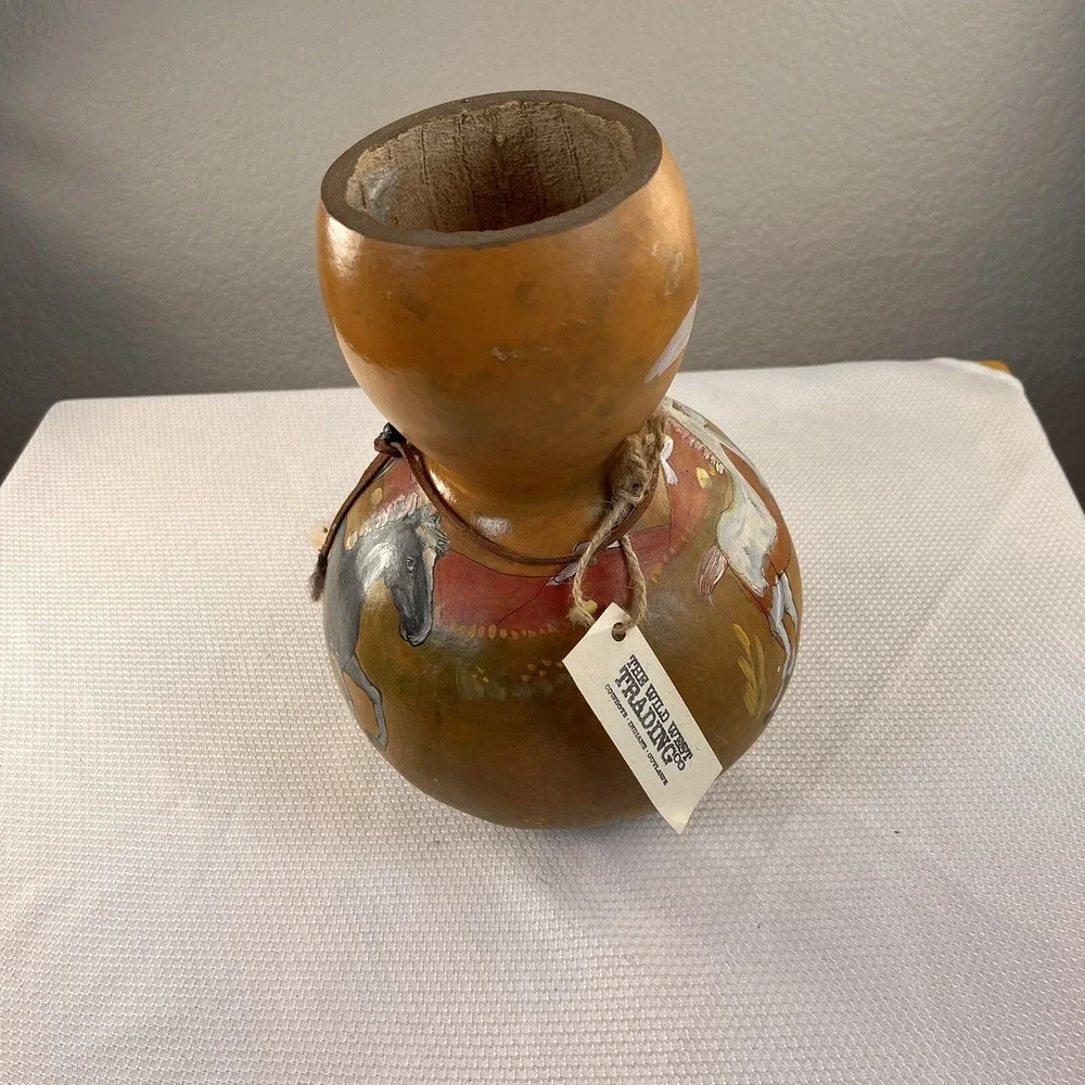 Hand Painted Horse Heads Gourd Art Pot Vase, Signed 10